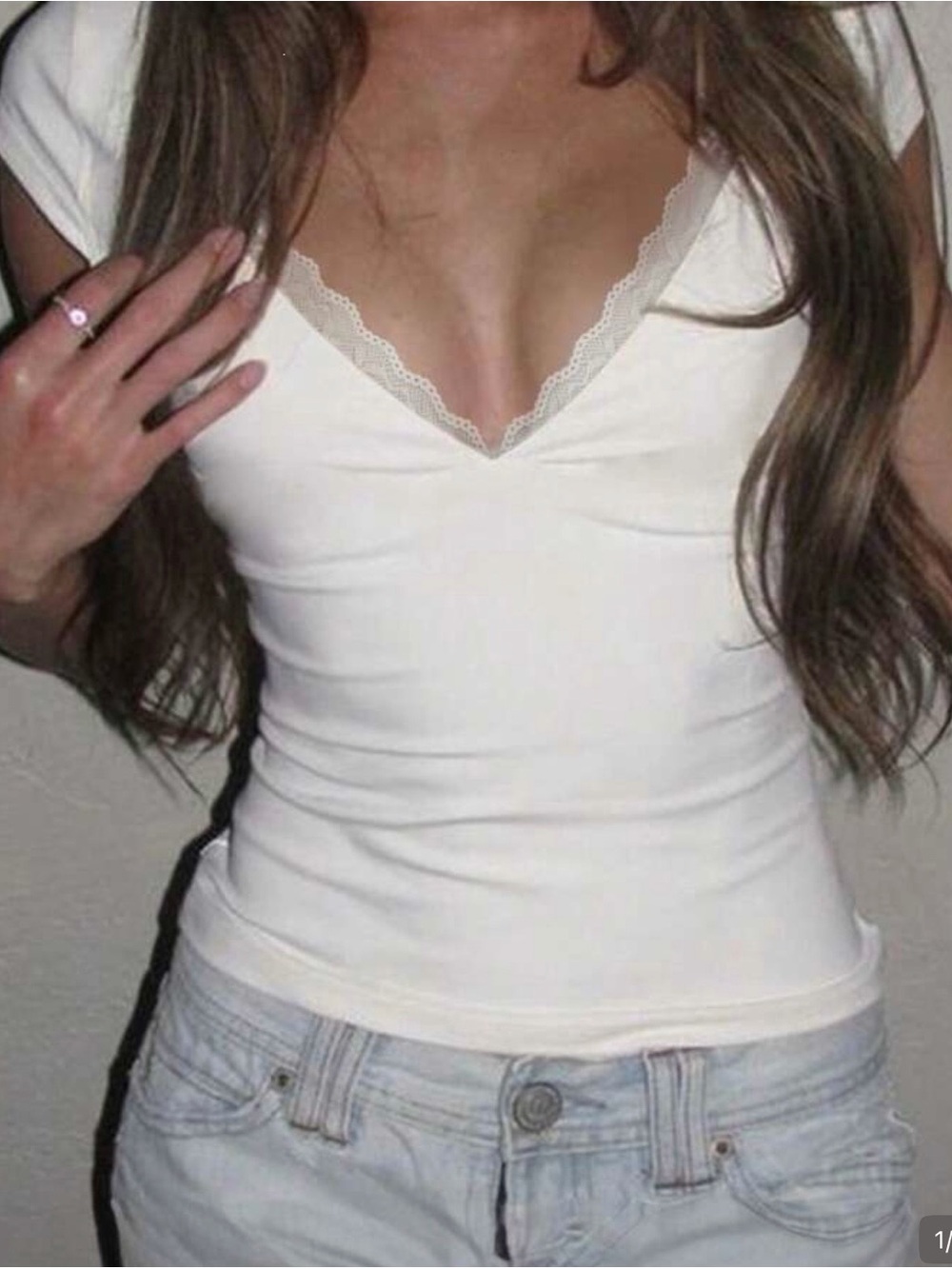 Women's Cream V-Neck Lace Trim Tee